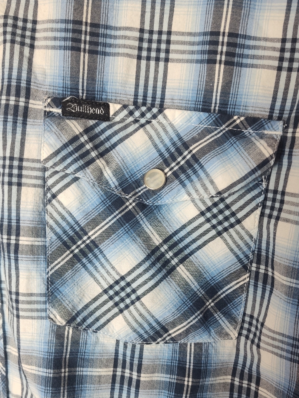 Bullhead Men’s Blue Plaid Western Pearl Snap Short Sleeve Shirt Large - Picture 2 of 7